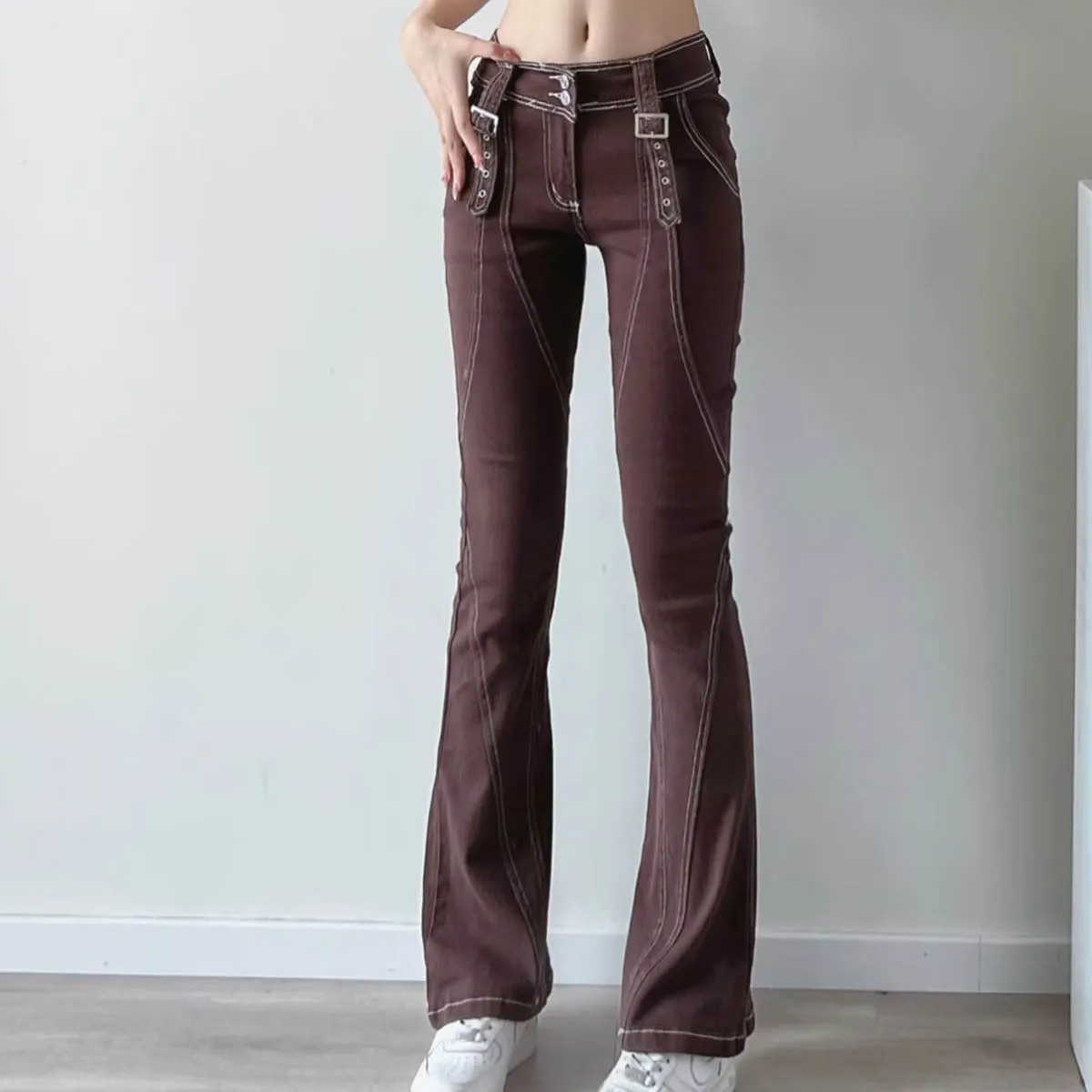 2022 Autumn New Design Vintage Flare Brown Jeans High Waist Long Denim Pants