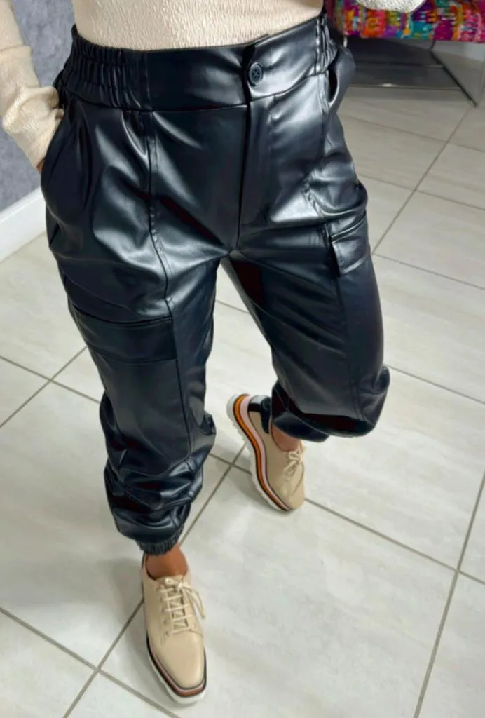 8384 Vegan leather cargo jogger pants