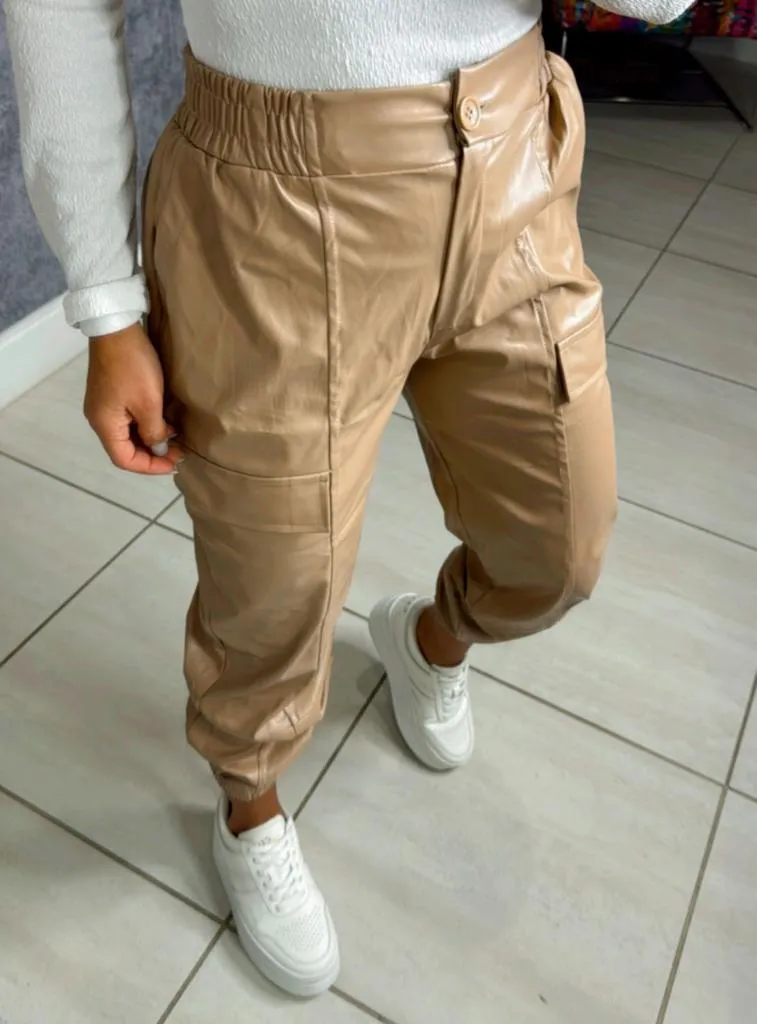 8384 Vegan leather cargo jogger pants