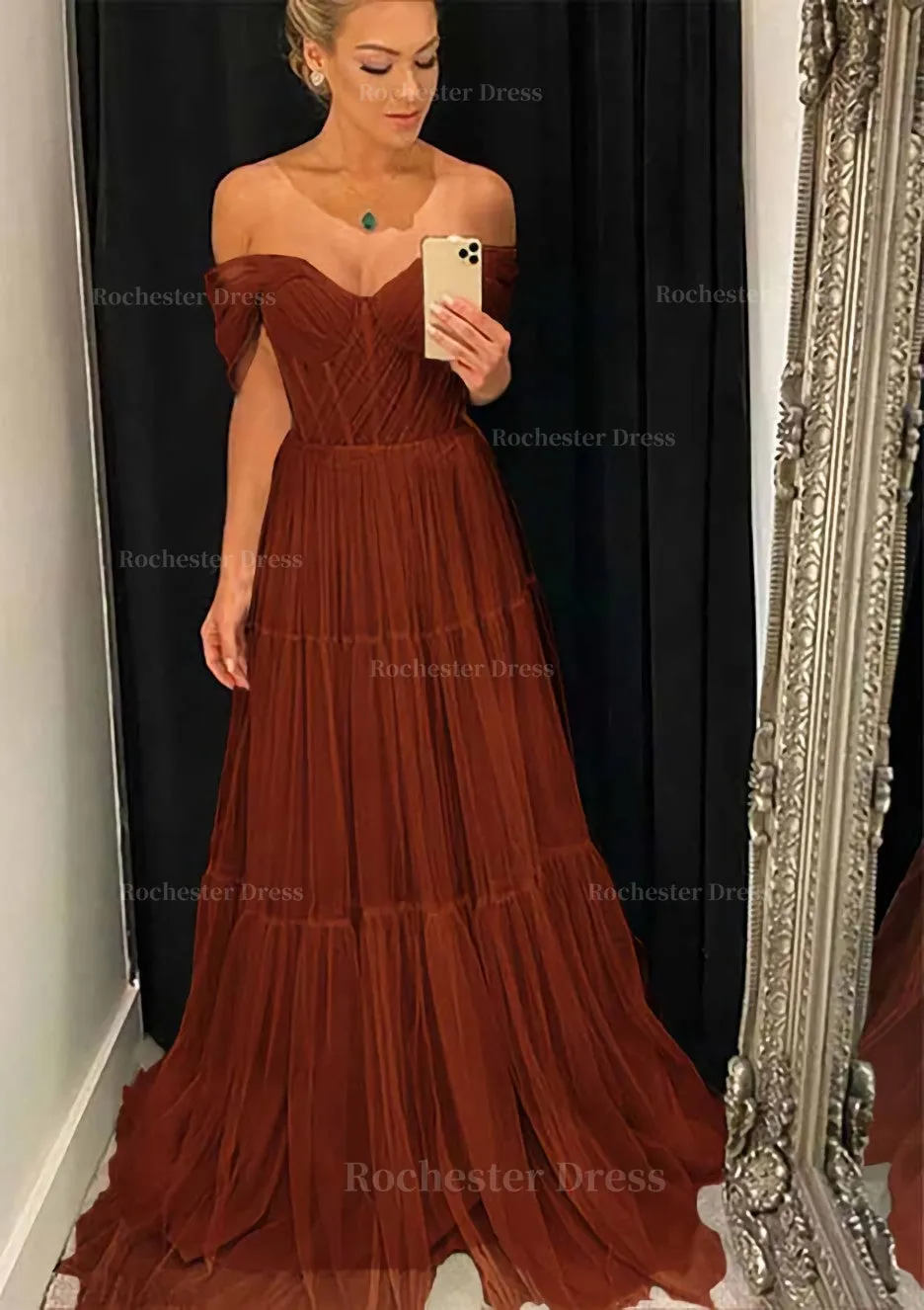 A-line Off-the-Shoulder Sleeveless Sweep Train Tulle Prom Dress With Pleated