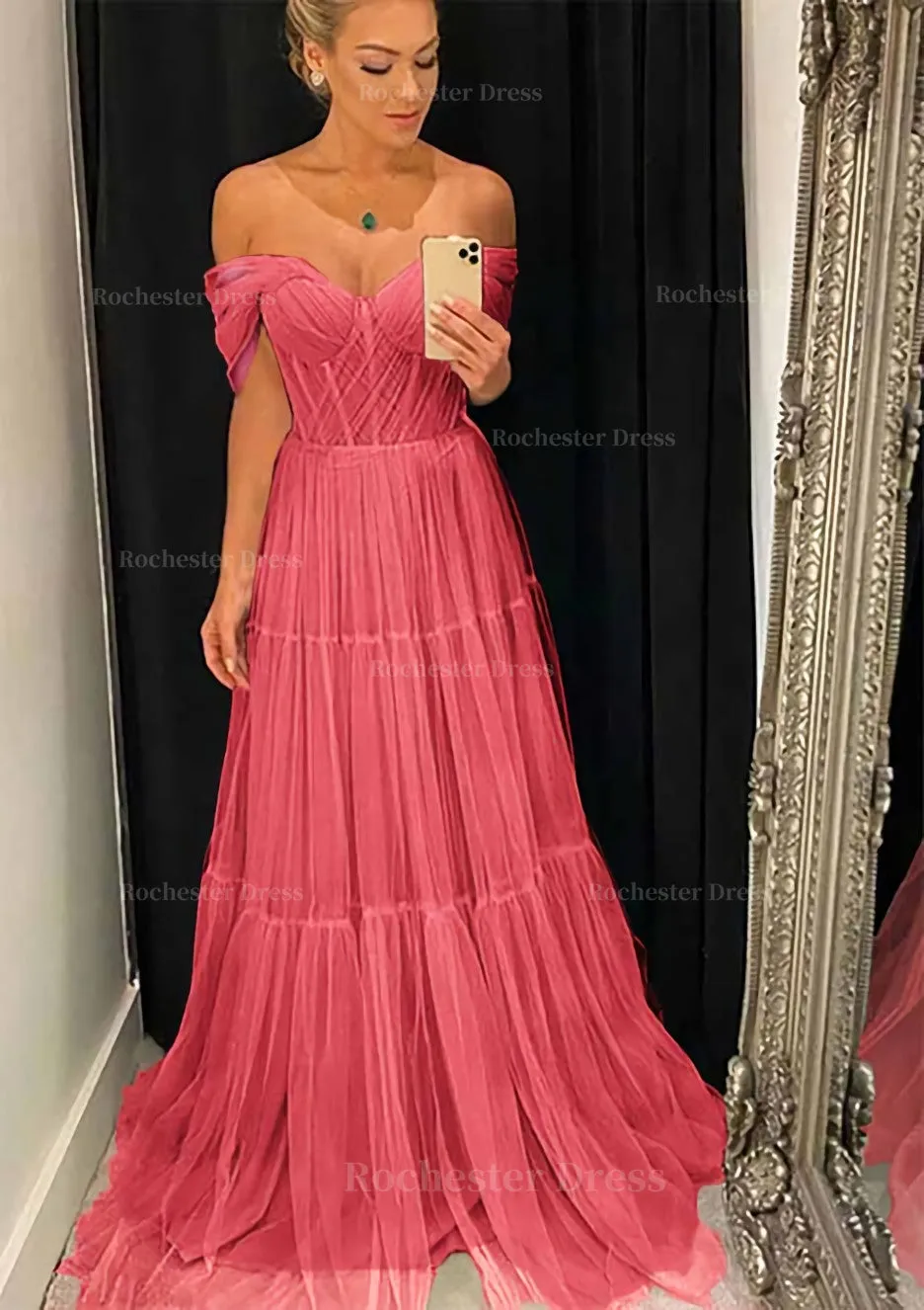 A-line Off-the-Shoulder Sleeveless Sweep Train Tulle Prom Dress With Pleated