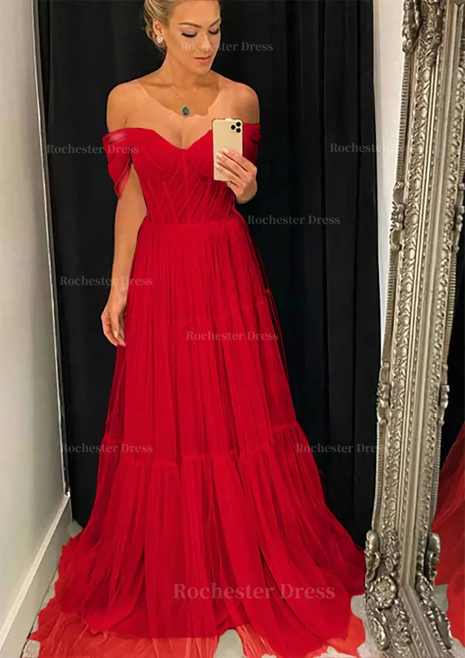 A-line Off-the-Shoulder Sleeveless Sweep Train Tulle Prom Dress With Pleated