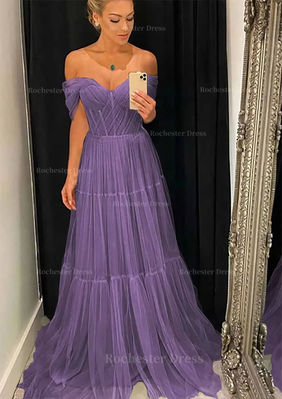 A-line Off-the-Shoulder Sleeveless Sweep Train Tulle Prom Dress With Pleated