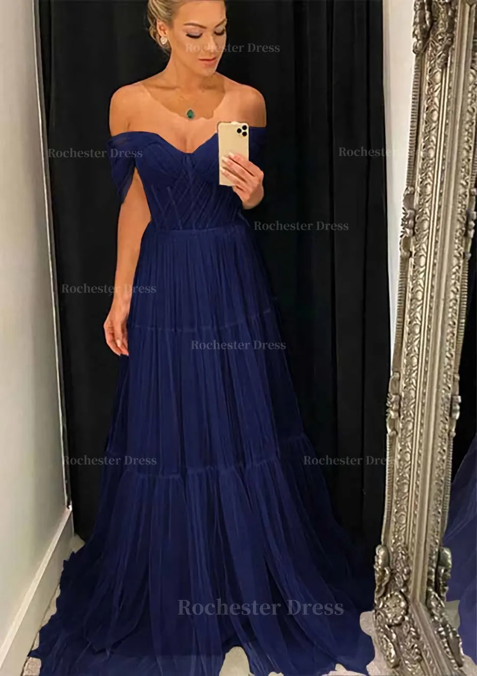 A-line Off-the-Shoulder Sleeveless Sweep Train Tulle Prom Dress With Pleated