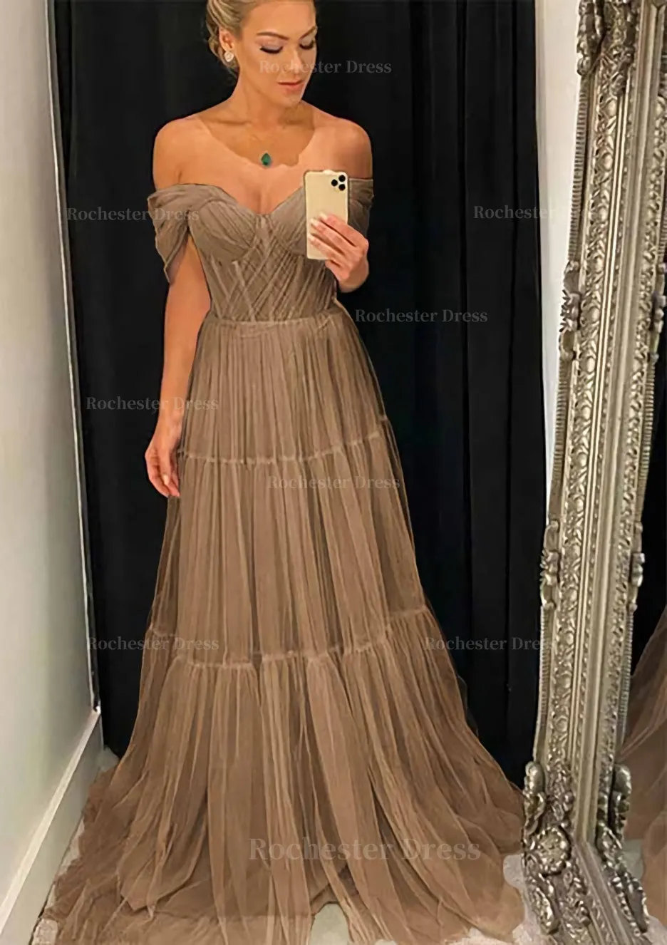 A-line Off-the-Shoulder Sleeveless Sweep Train Tulle Prom Dress With Pleated