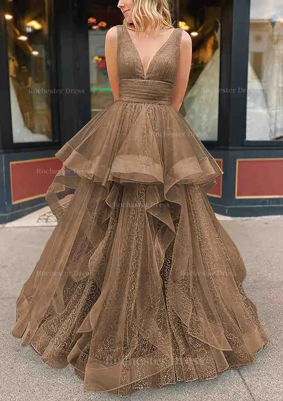 A-line V Neck Sleeveless Long/Floor-Length Tulle Glitter Prom Dress With Pleated