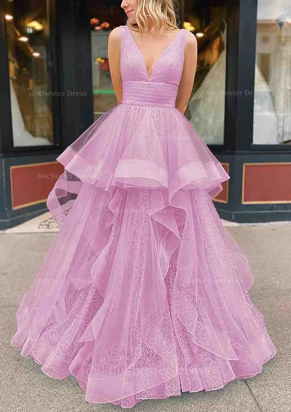 A-line V Neck Sleeveless Long/Floor-Length Tulle Glitter Prom Dress With Pleated