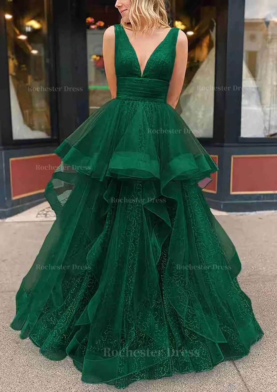 A-line V Neck Sleeveless Long/Floor-Length Tulle Glitter Prom Dress With Pleated