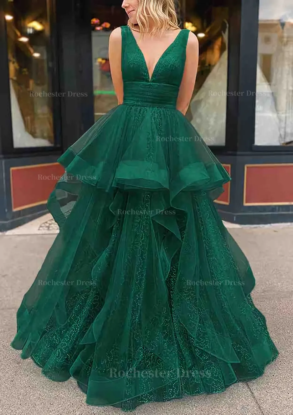 A-line V Neck Sleeveless Long/Floor-Length Tulle Glitter Prom Dress With Pleated