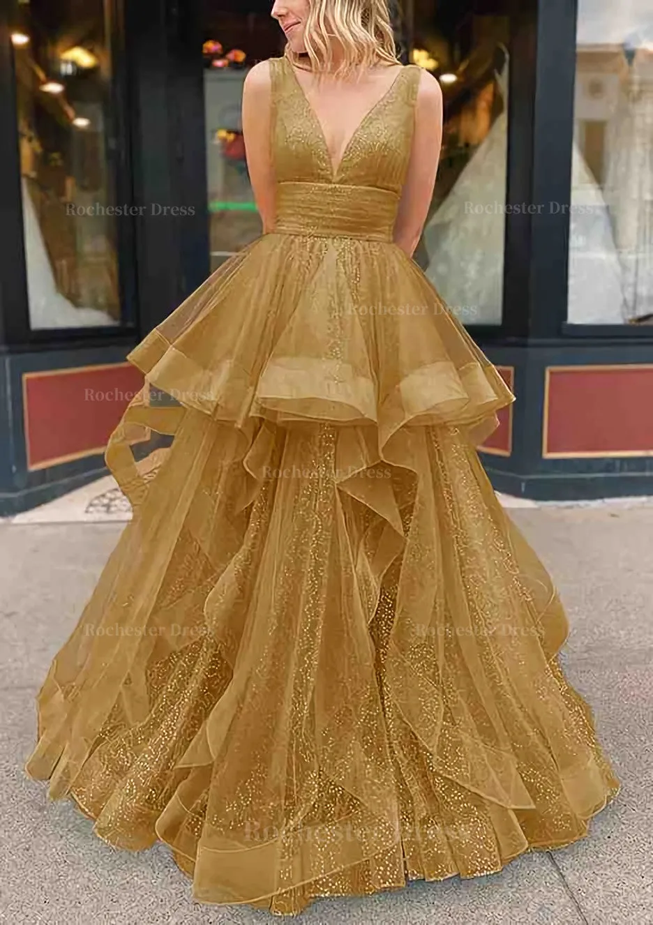 A-line V Neck Sleeveless Long/Floor-Length Tulle Glitter Prom Dress With Pleated