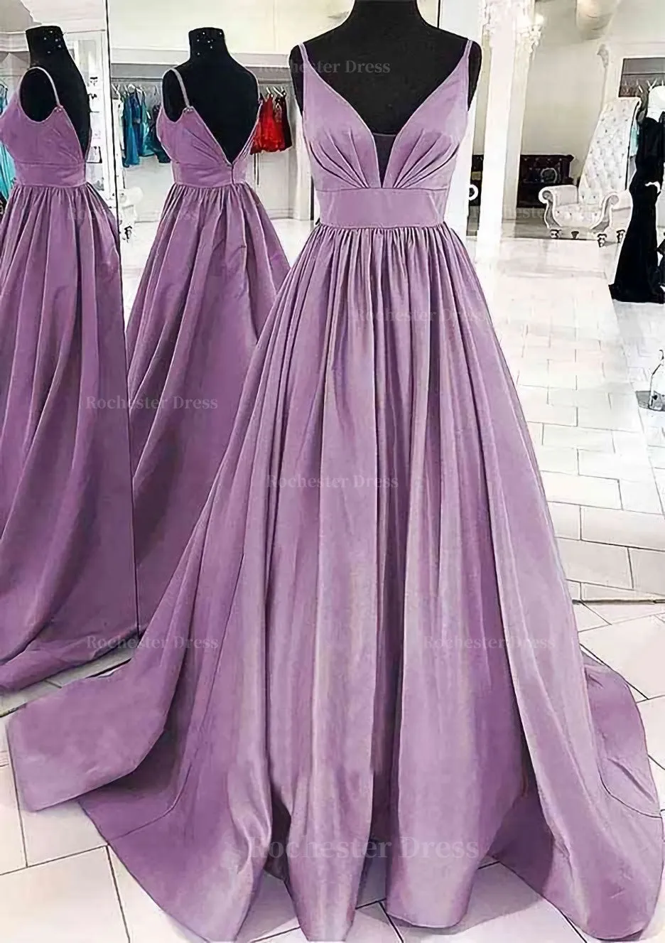 A-line V Neck Sleeveless Satin Sweep Train Prom Dress With Pleated