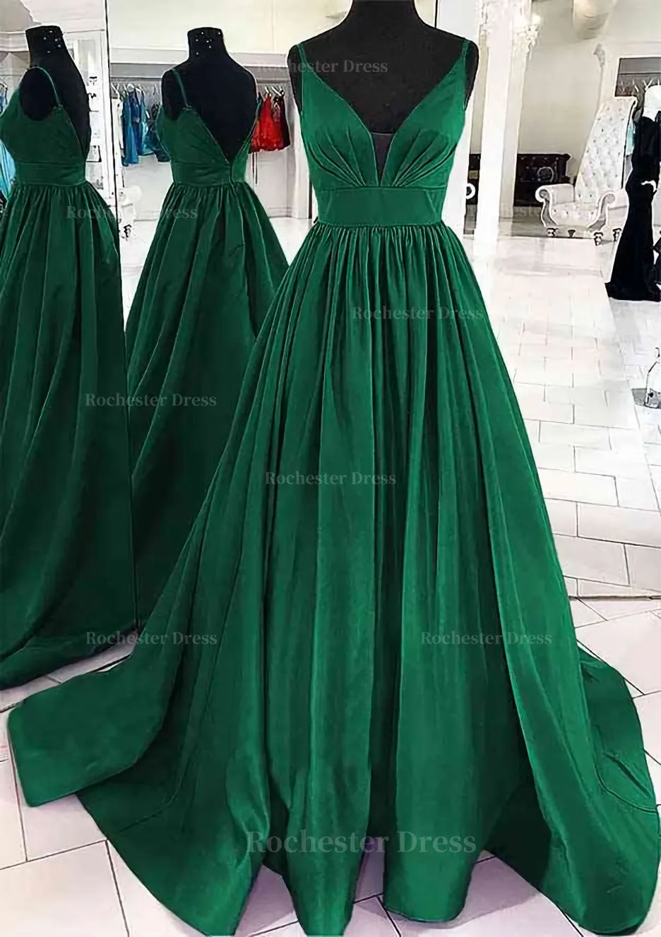 A-line V Neck Sleeveless Satin Sweep Train Prom Dress With Pleated