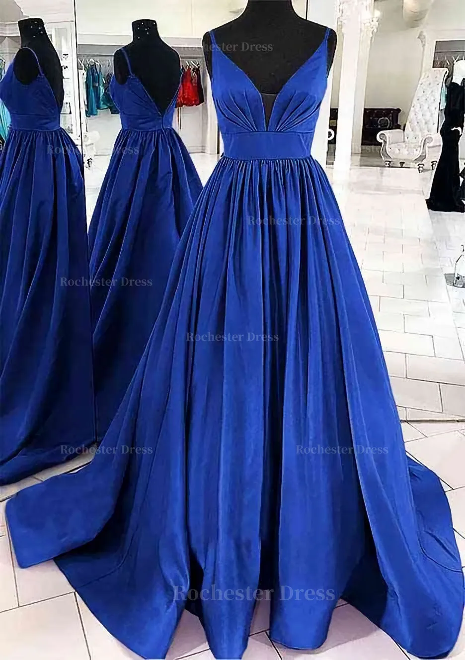 A-line V Neck Sleeveless Satin Sweep Train Prom Dress With Pleated