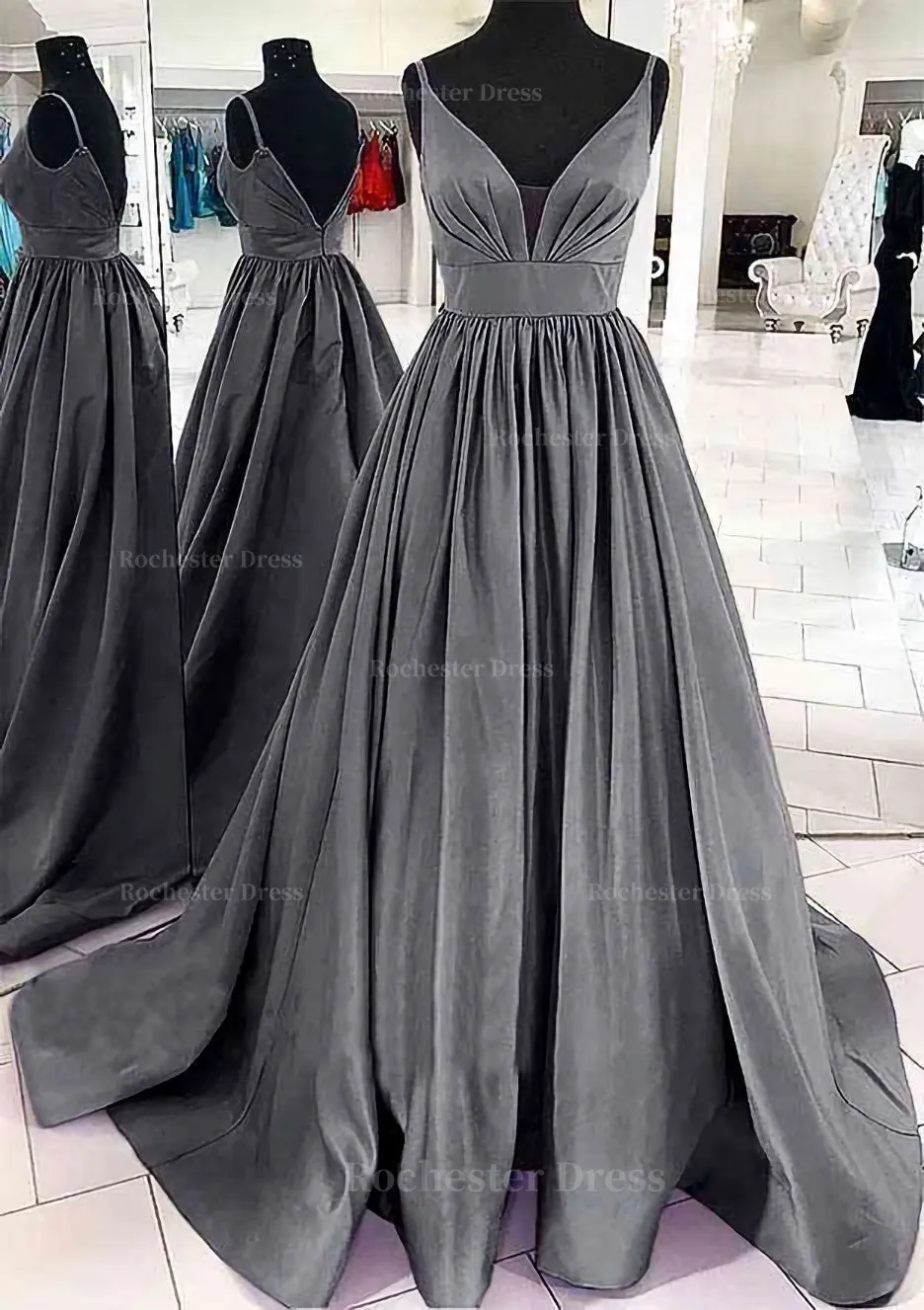 A-line V Neck Sleeveless Satin Sweep Train Prom Dress With Pleated