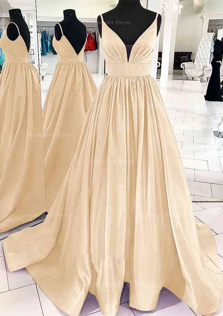 A-line V Neck Sleeveless Satin Sweep Train Prom Dress With Pleated