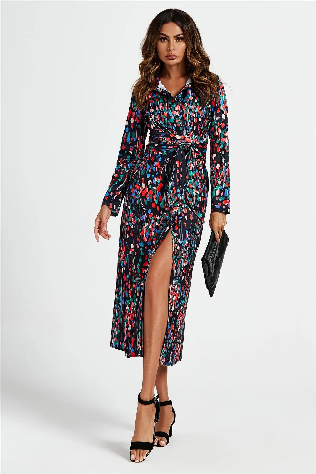 Abstract Floral Print Shirt Midi Wrap Dress In Black