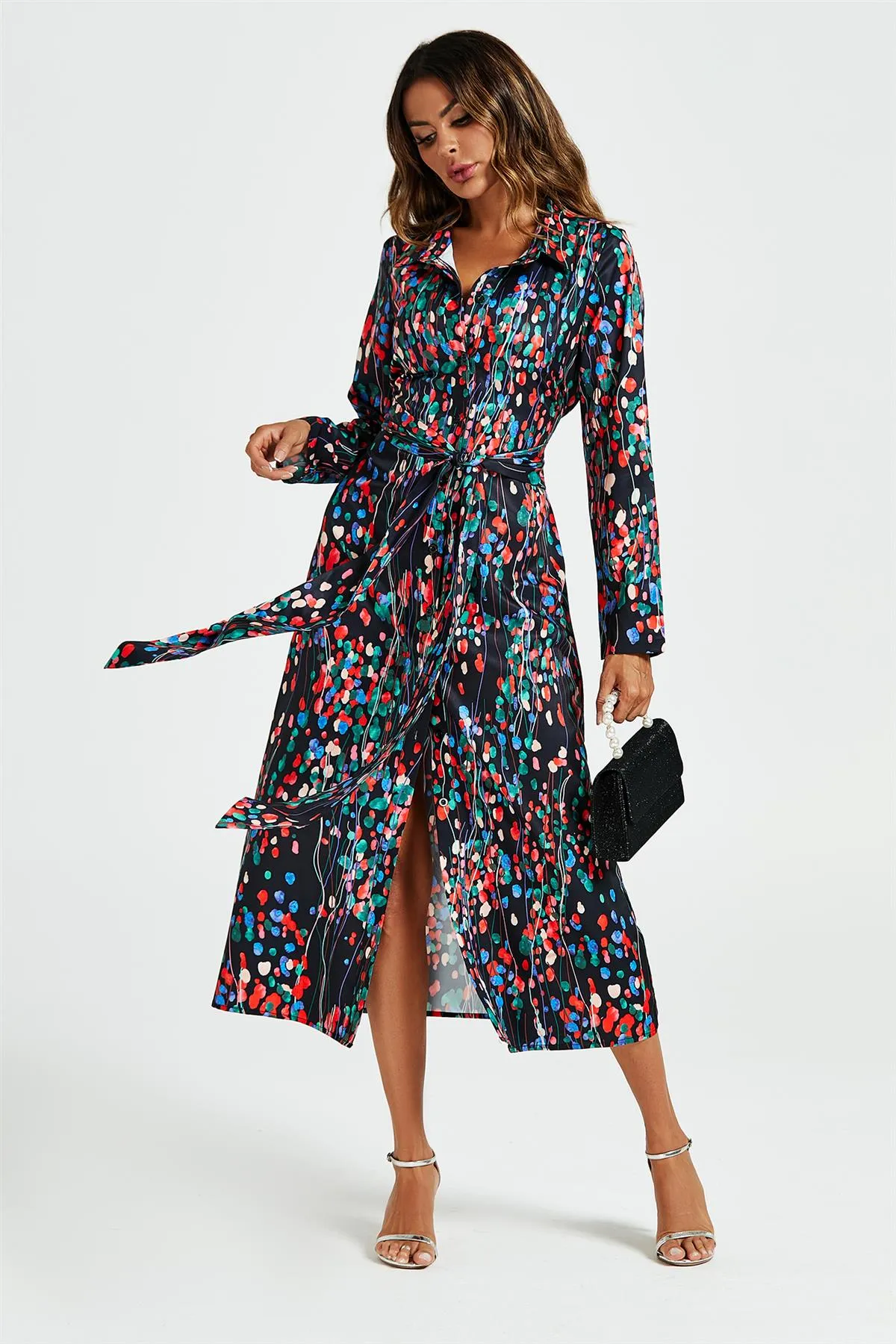 Abstract Floral Print Shirt Midi Wrap Dress In Black