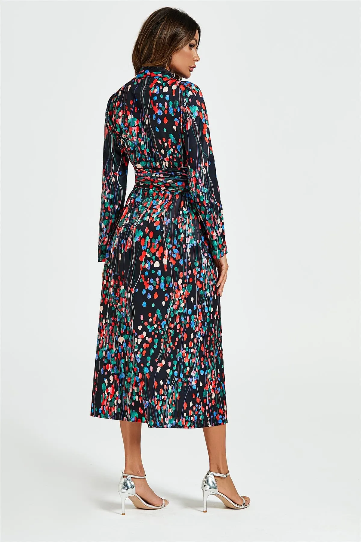 Abstract Floral Print Shirt Midi Wrap Dress In Black