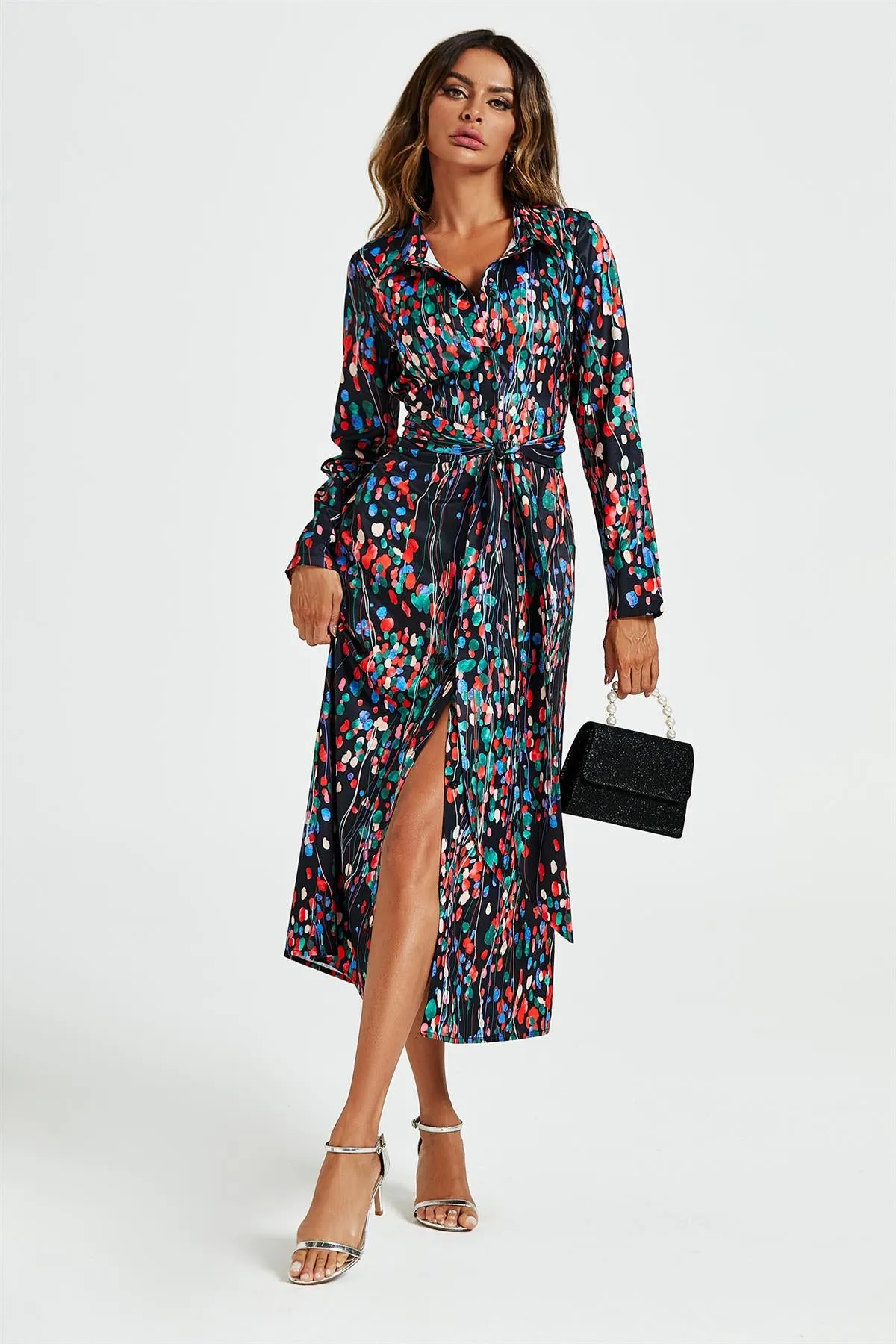 Abstract Floral Print Shirt Midi Wrap Dress In Black