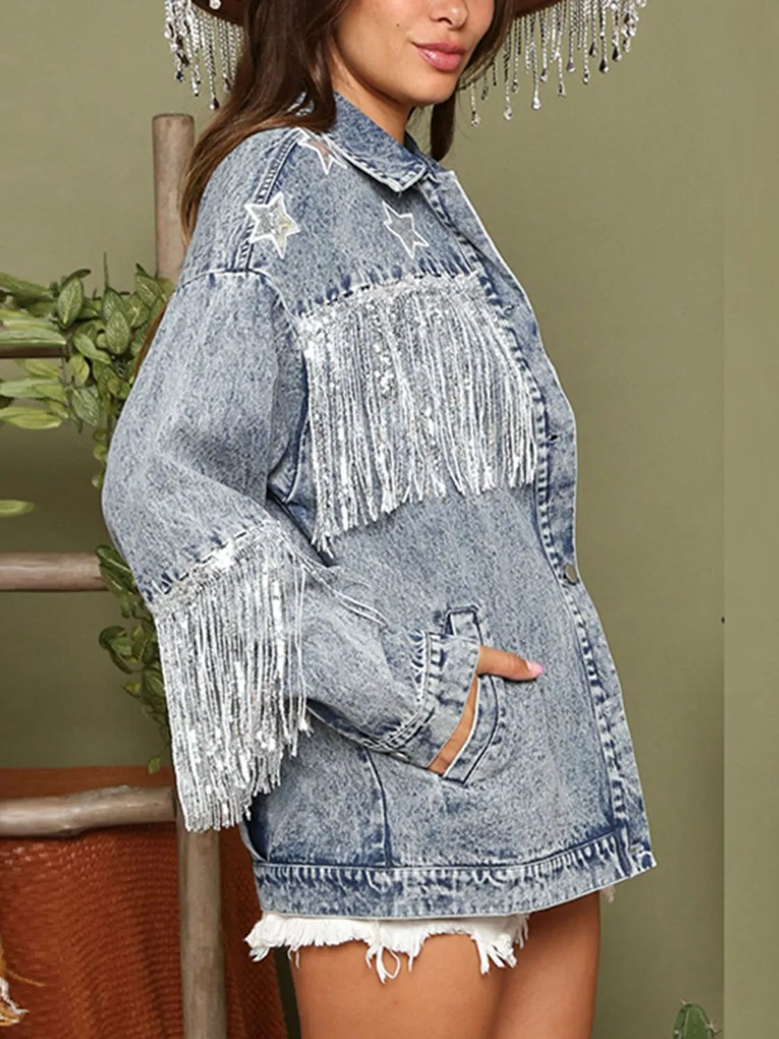 *APP EXCLUSIVE* Fringe Detail Long Sleeve Denim Jacket