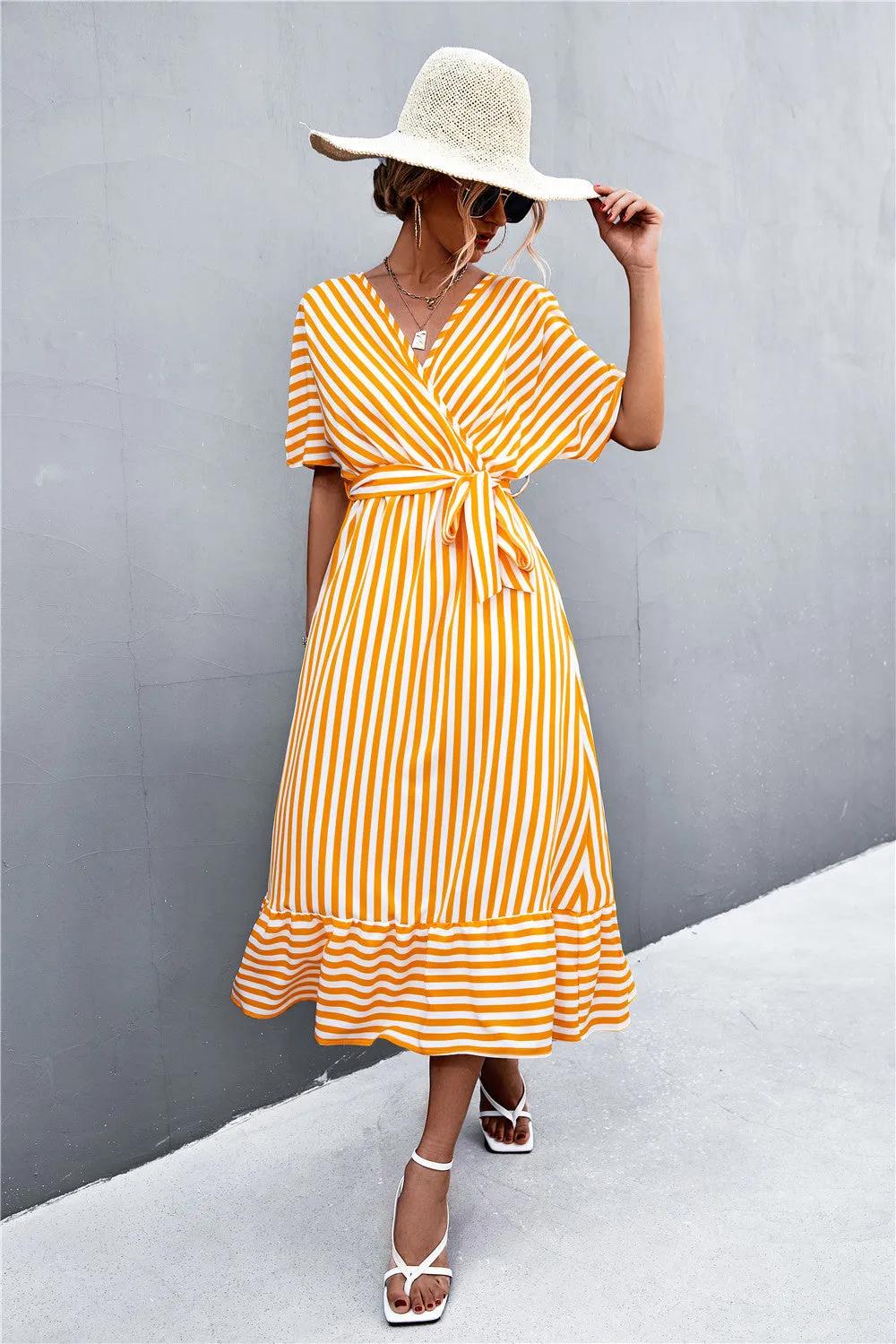 *App Exclusive* Striped Tie Belt Midi Dress