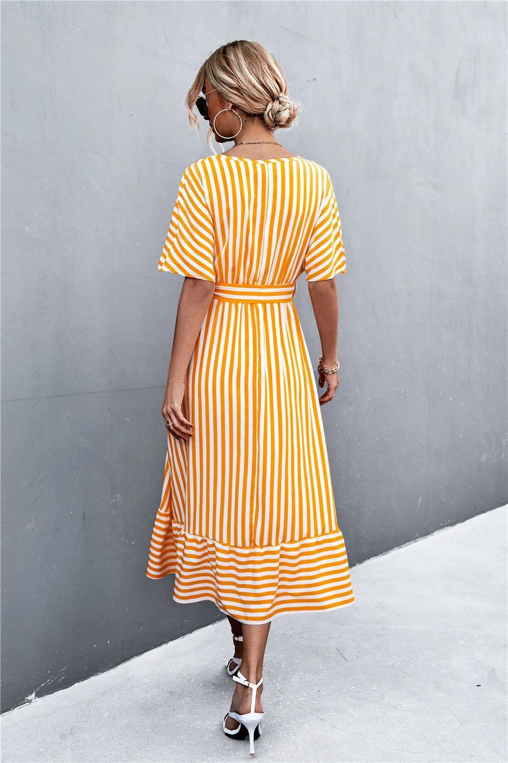 *App Exclusive* Striped Tie Belt Midi Dress