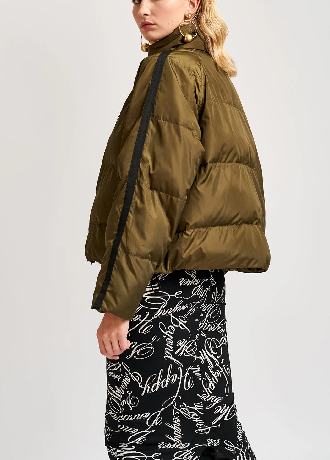 Army green quilted down jacket