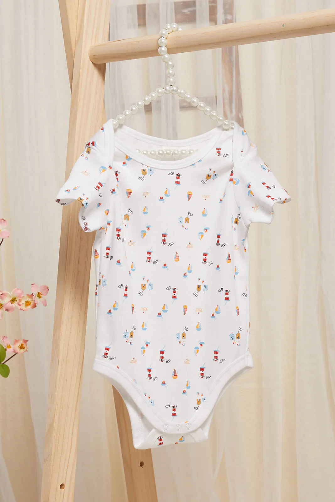 Baby Blue And White Printed Bodysuit Set (Pack Of 3)