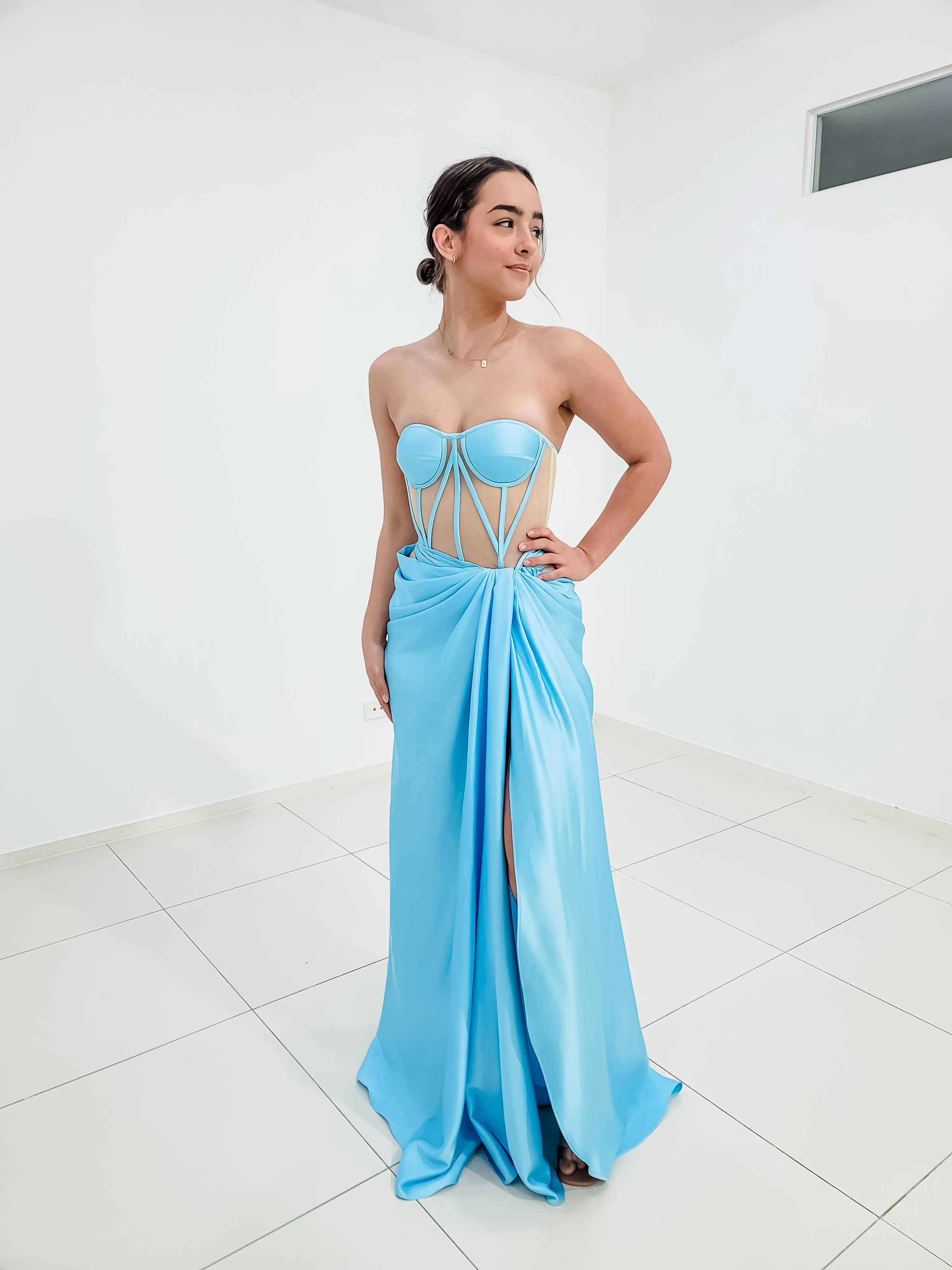 Baby blue satin dress with sheer corset top for hire