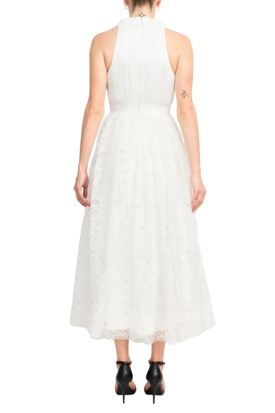 Badgley Mischka Crepon-paneled Guipure Lace Midi Shirt Dress