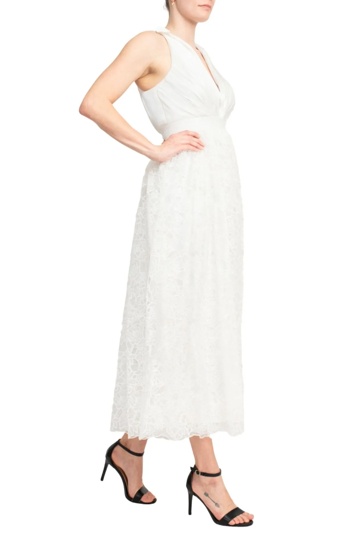 Badgley Mischka Crepon-paneled Guipure Lace Midi Shirt Dress