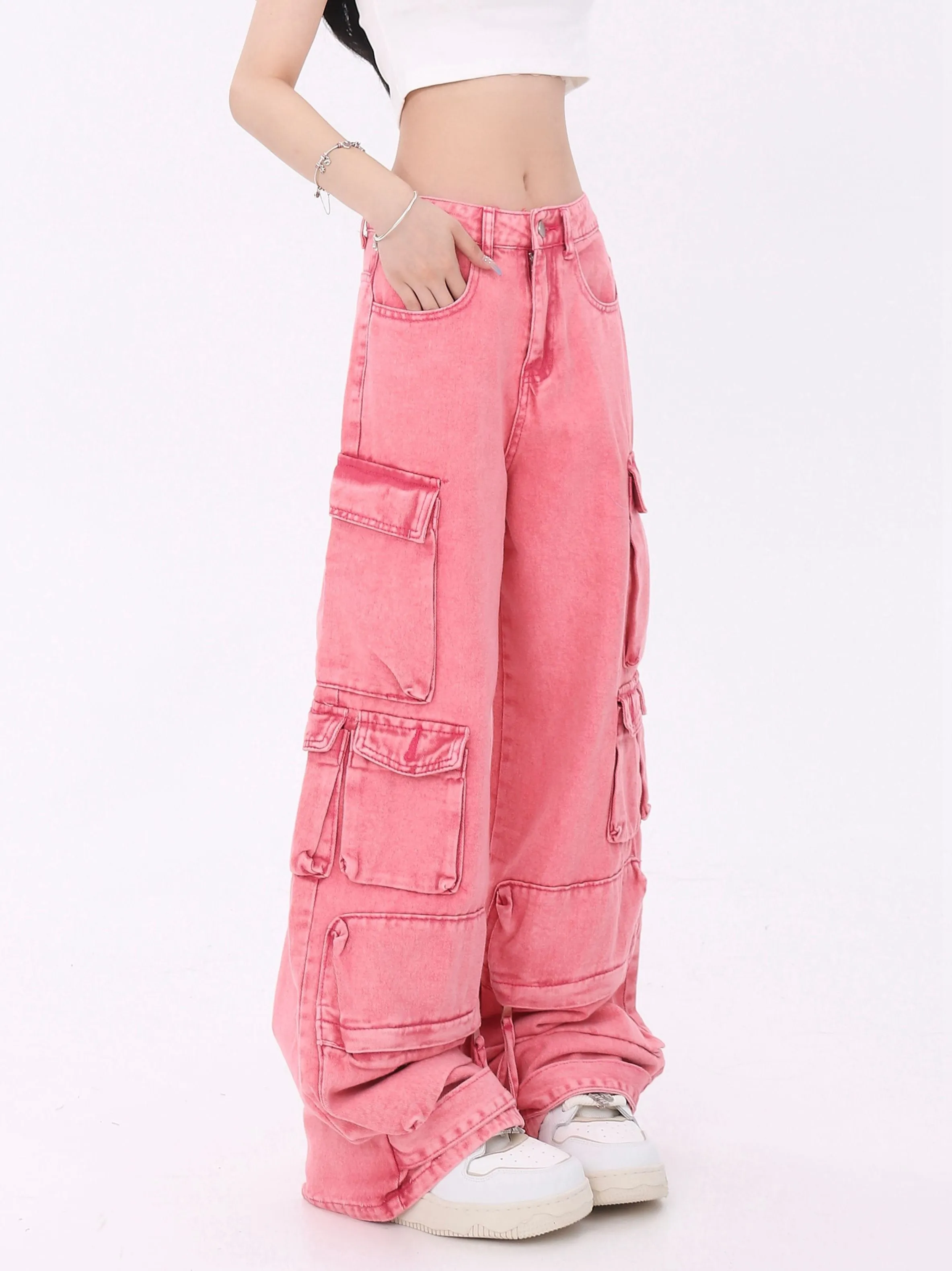 Barbie Pink Denim Multipocketed High Waist Straight Leg Jeans Cargo Pants