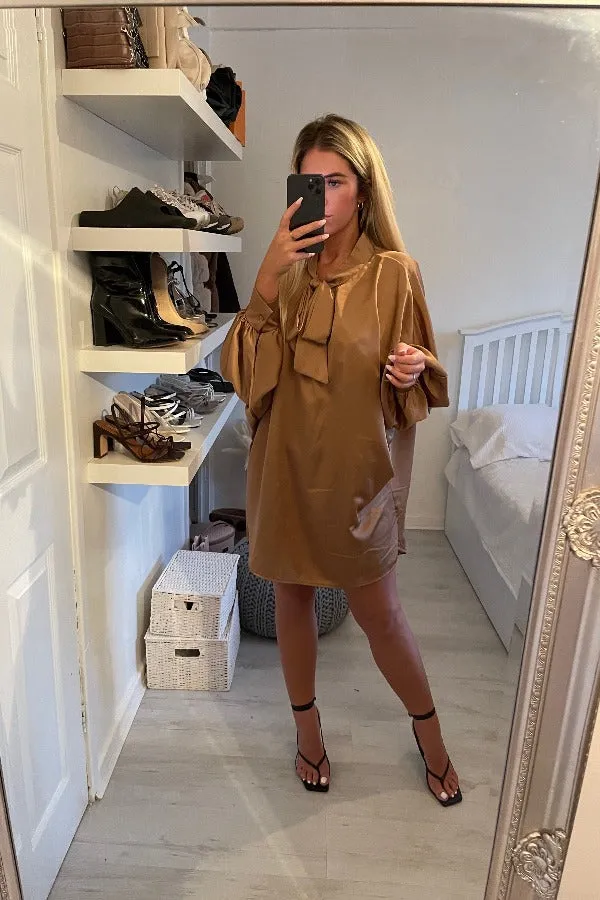 BATWING OVERSIZED CAMEL BOW SATIN SHIRT DRESS