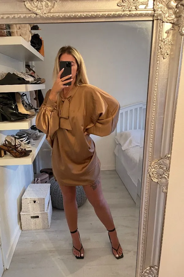 BATWING OVERSIZED CAMEL BOW SATIN SHIRT DRESS