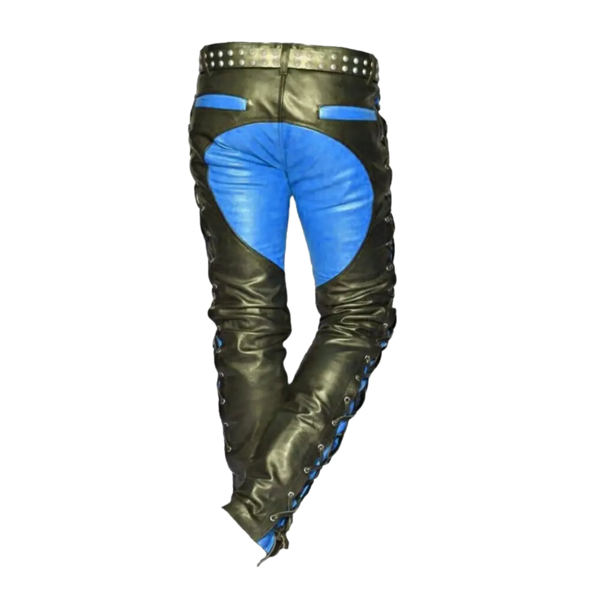 Black and Blue Leather Pants with Side Laces