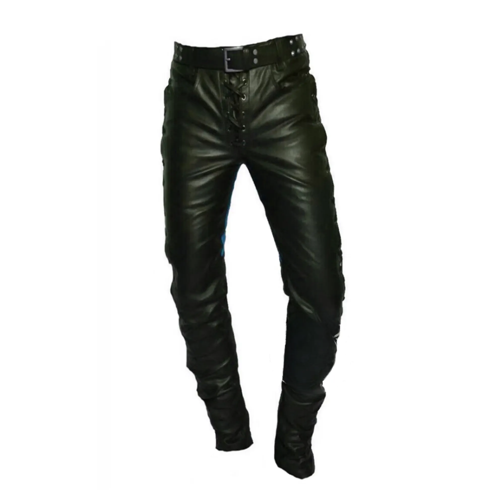 Black and Blue Leather Pants with Side Laces