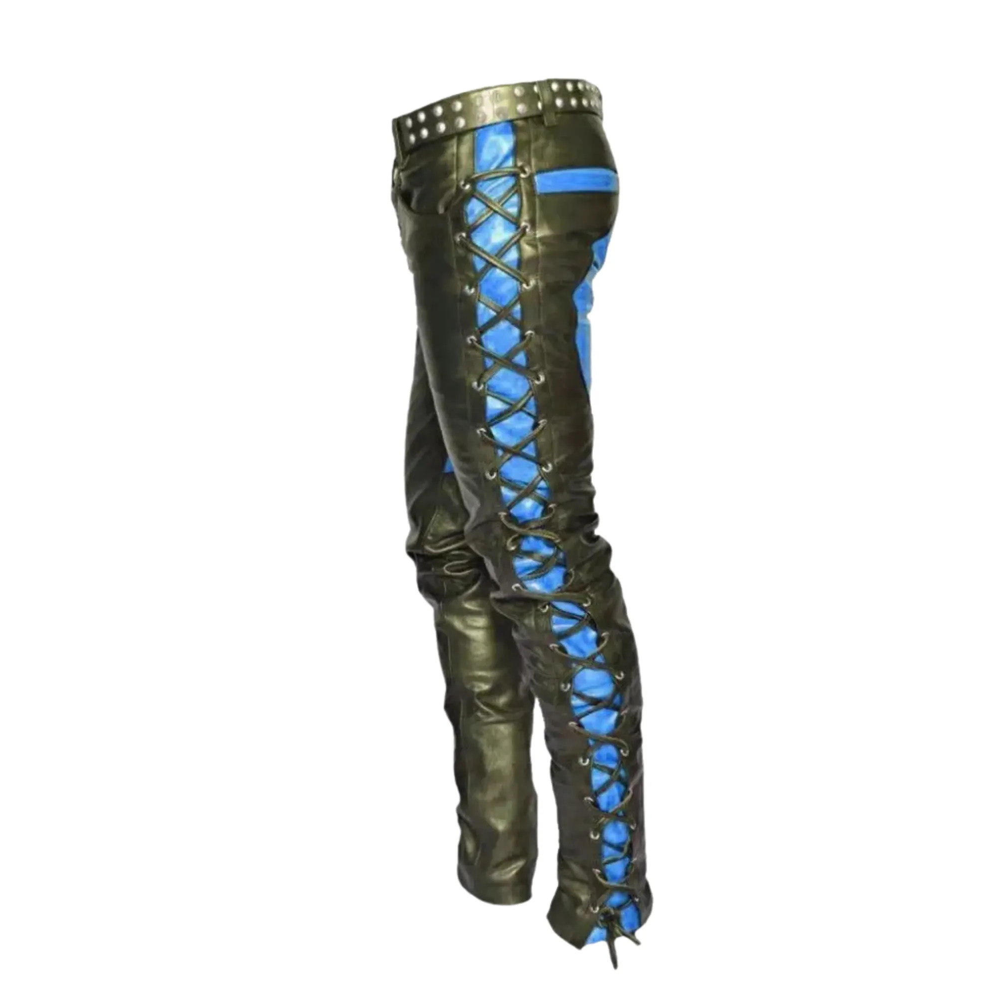 Black and Blue Leather Pants with Side Laces