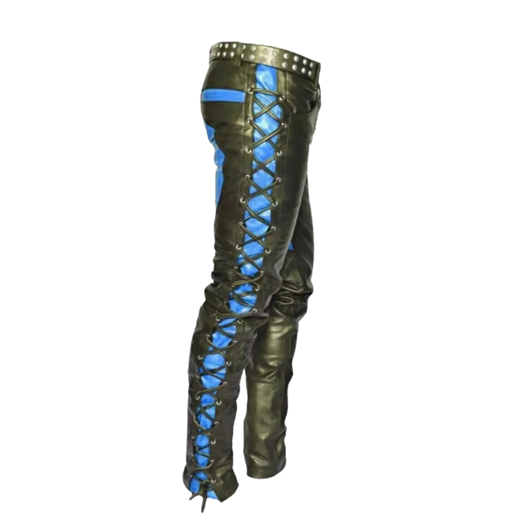 Black and Blue Leather Pants with Side Laces