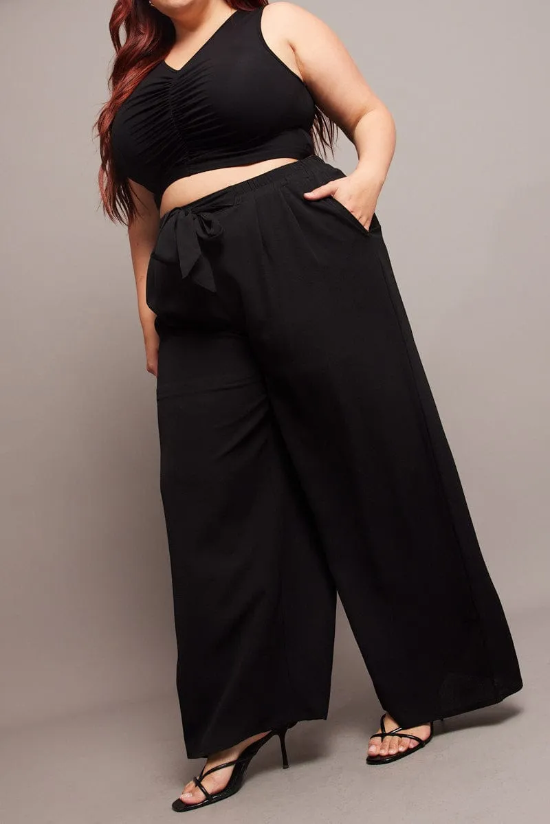 Black High Waist Crepe Wide Leg Pants