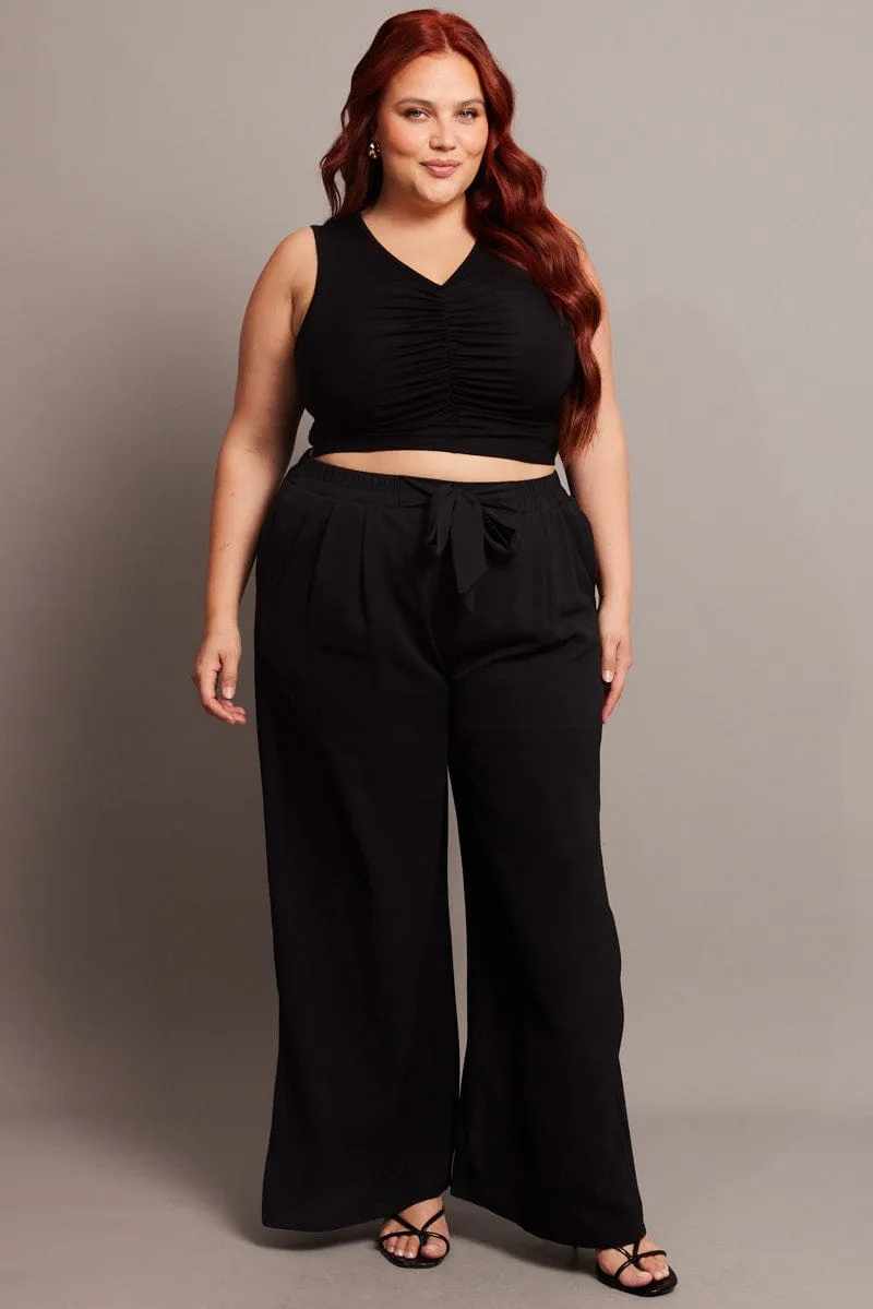 Black High Waist Crepe Wide Leg Pants