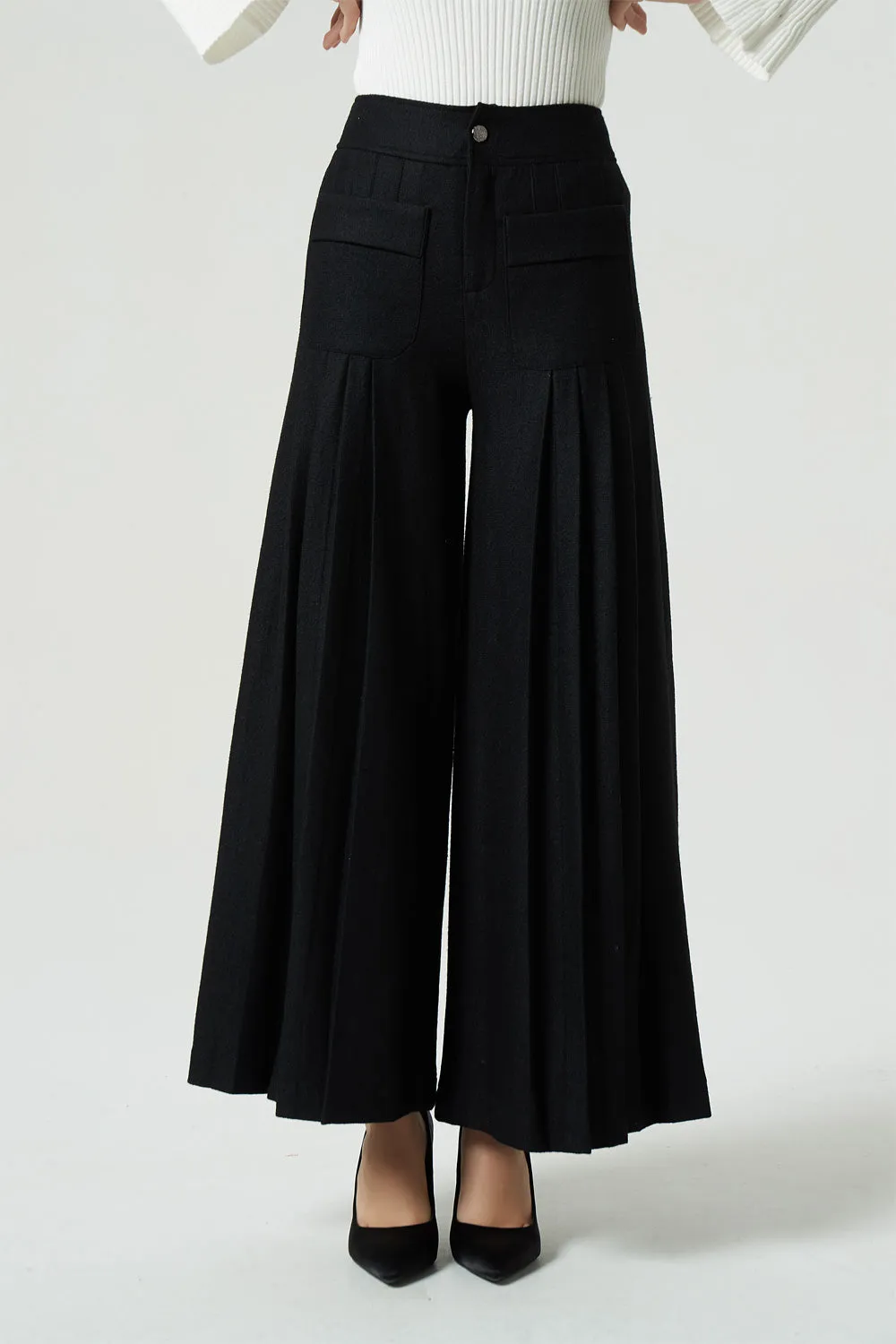 Black pants, wool pants, wide leg pants, maxi pants, winter pants, pockets pants, 1997#