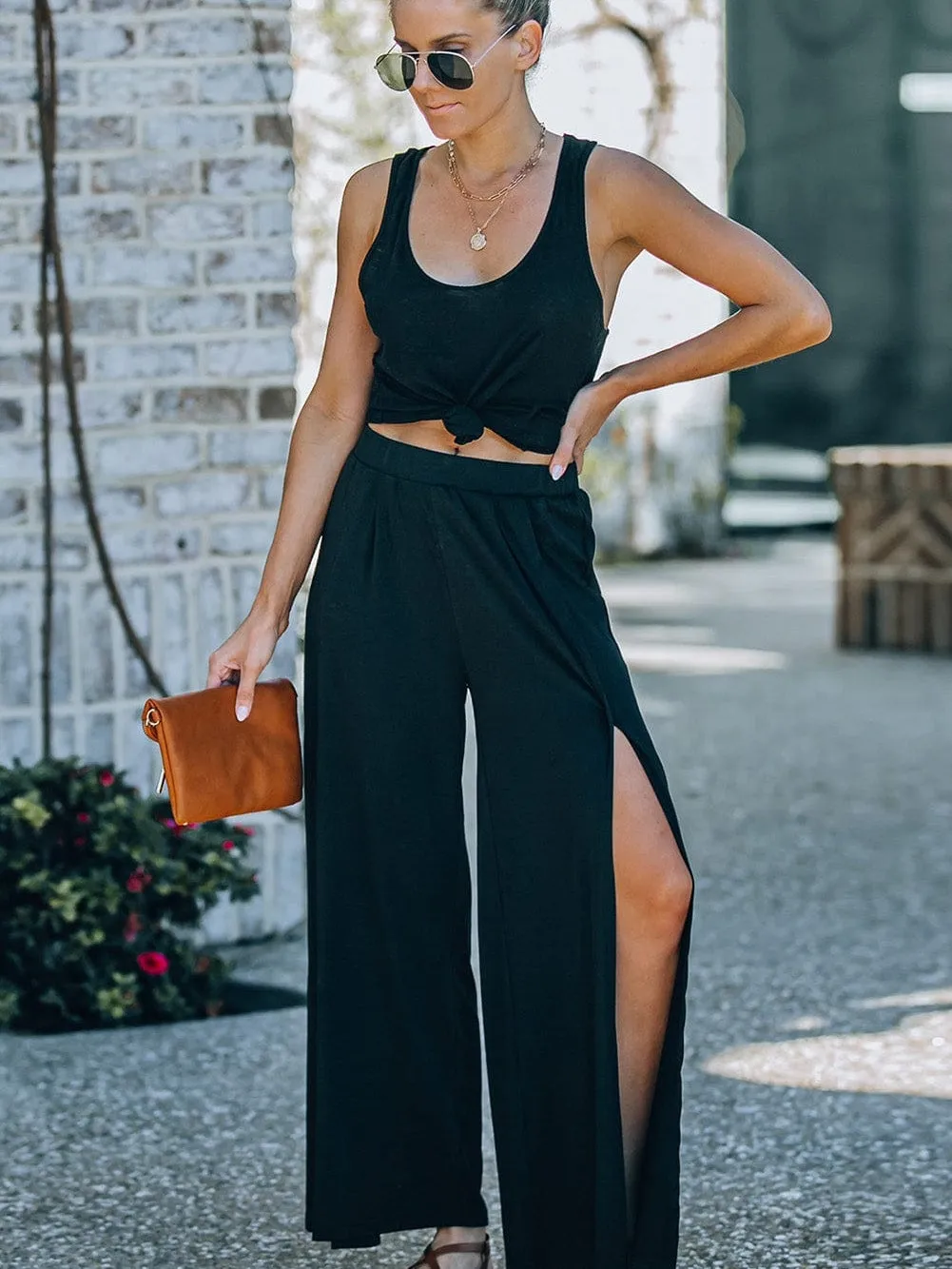 Black Tulip Hem High Waist Wide Leg Pants