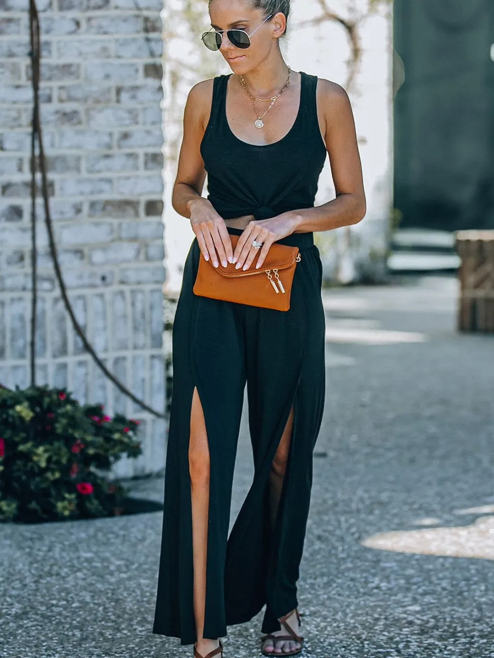 Black Tulip Hem High Waist Wide Leg Pants