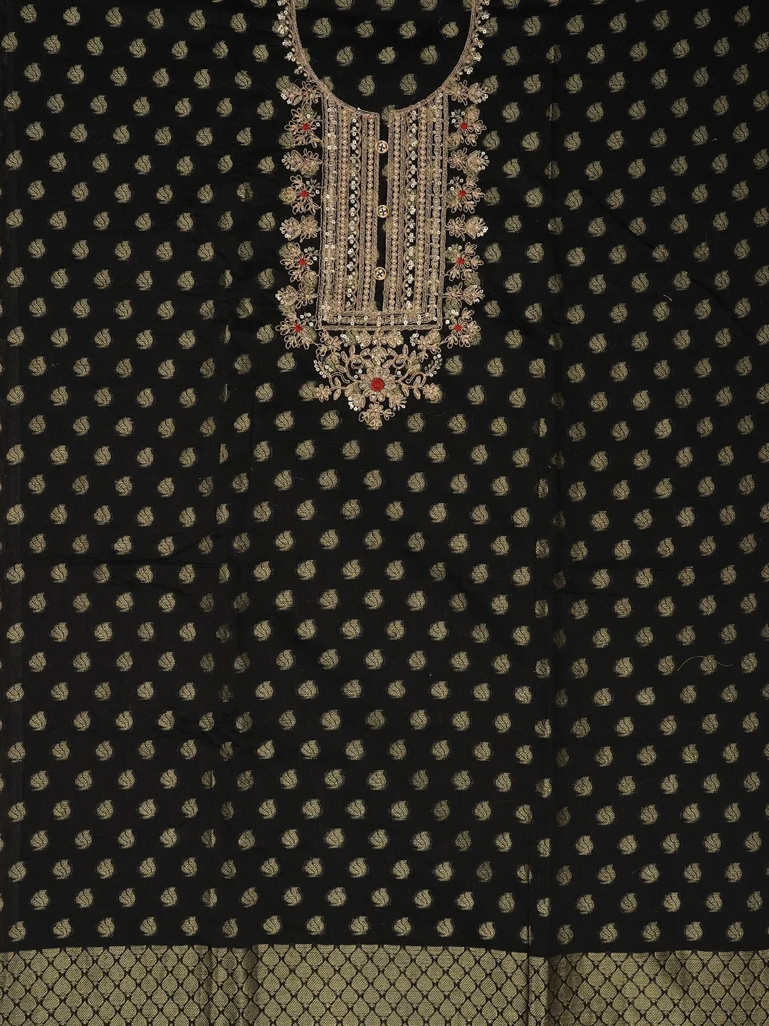 Black Zari Silk Blend Embellished Dress Material with Dupatta