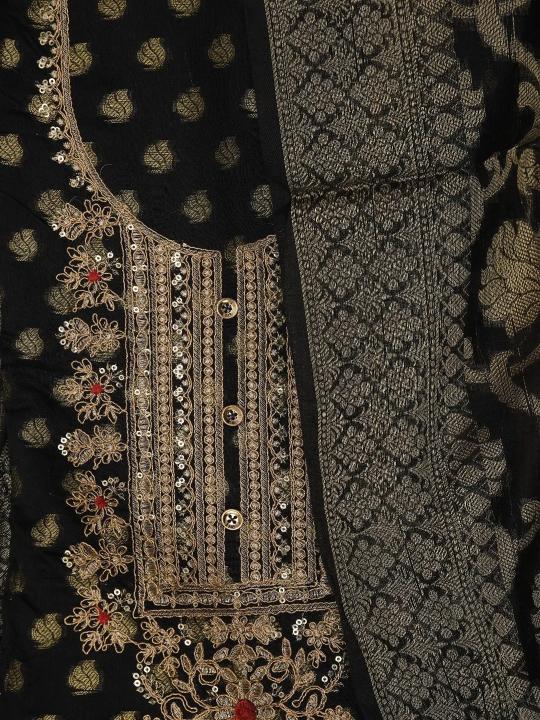 Black Zari Silk Blend Embellished Dress Material with Dupatta