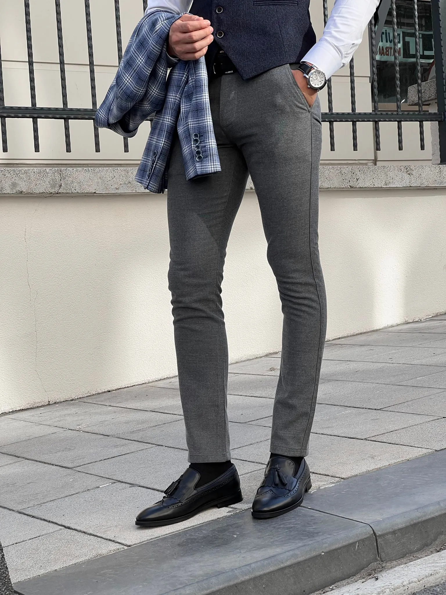 Bojoni Astoria Slim Fit High Quality Grey Patterned Skinny Pants