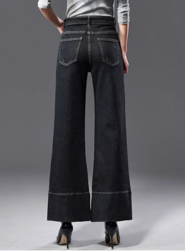 Bottom Stripe Wide Leg Black Capris Jeans