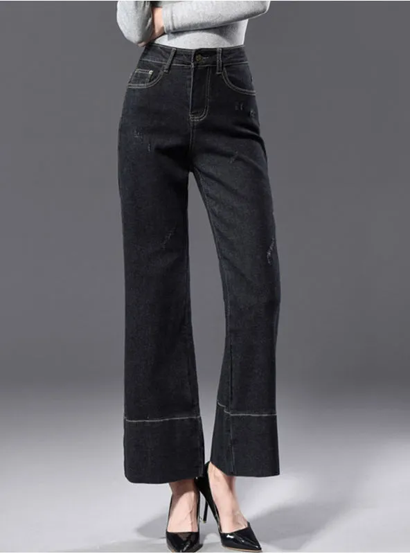 Bottom Stripe Wide Leg Black Capris Jeans