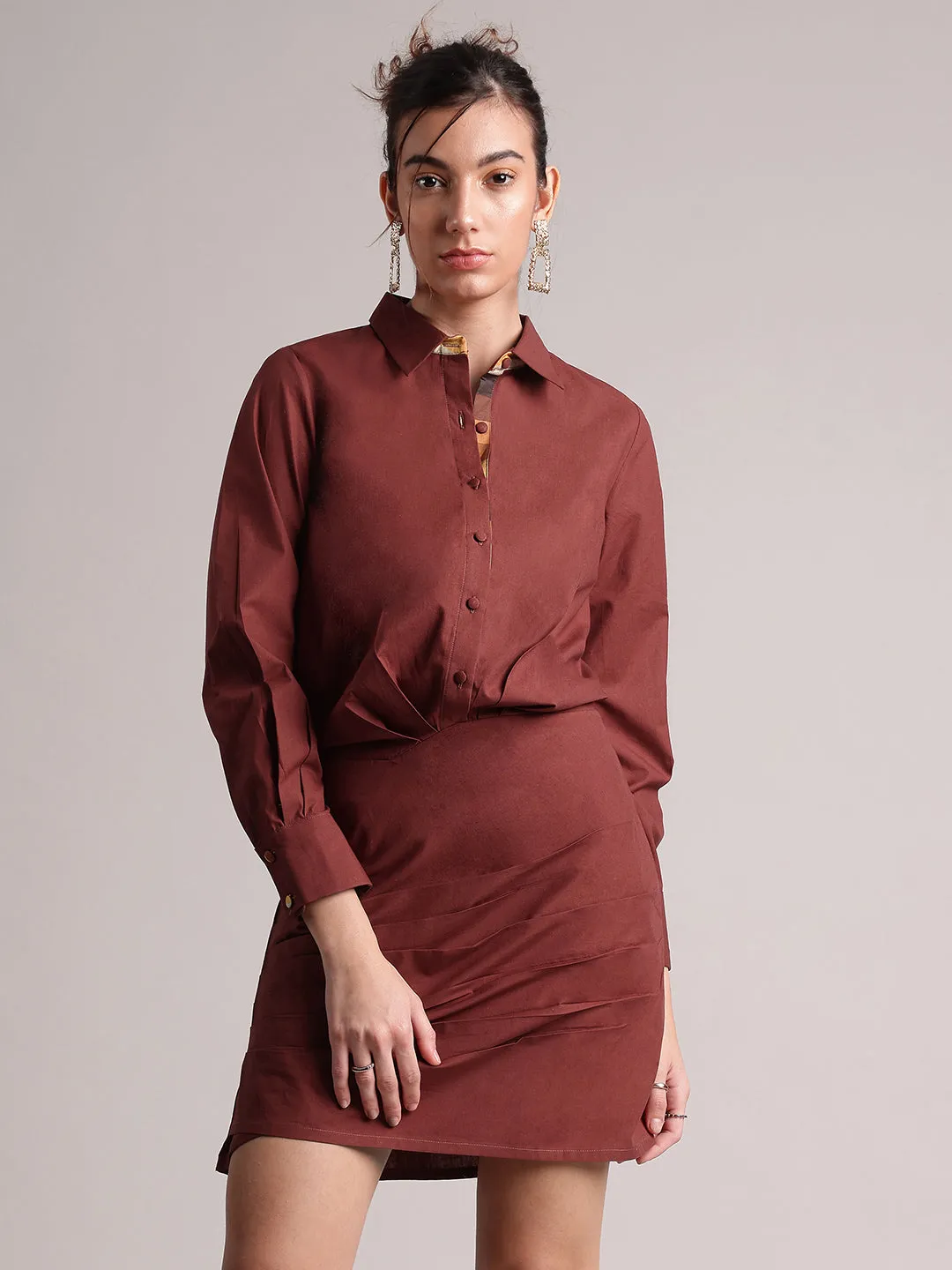 Brown Pure Cotton Solid Pleated Dress  - By Janasya