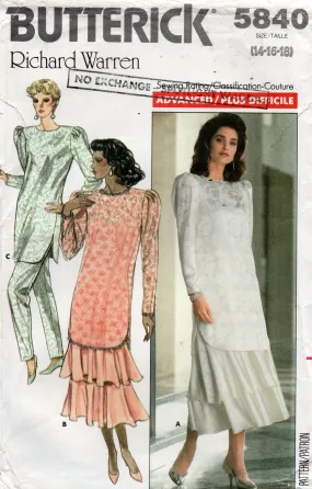 Butterick 5840 RICHARD WARREN Womens Evening Ruffled Drop Waisted Dress Tunic & Pants 1980s Vintage Sewing Pattern Size 14 - 18 UNCUT Factory Folded